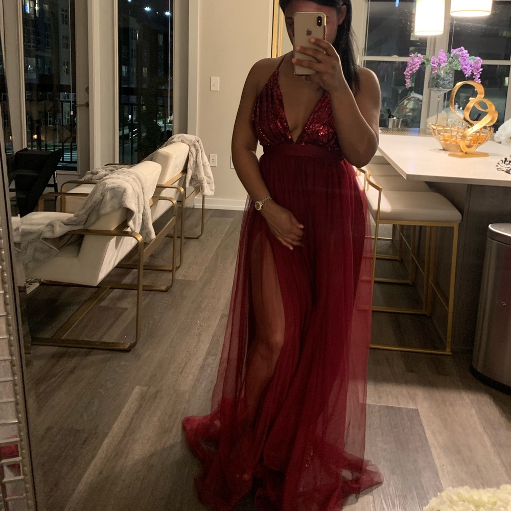 NWT. Sequin & Tulle Burgundy Gown!